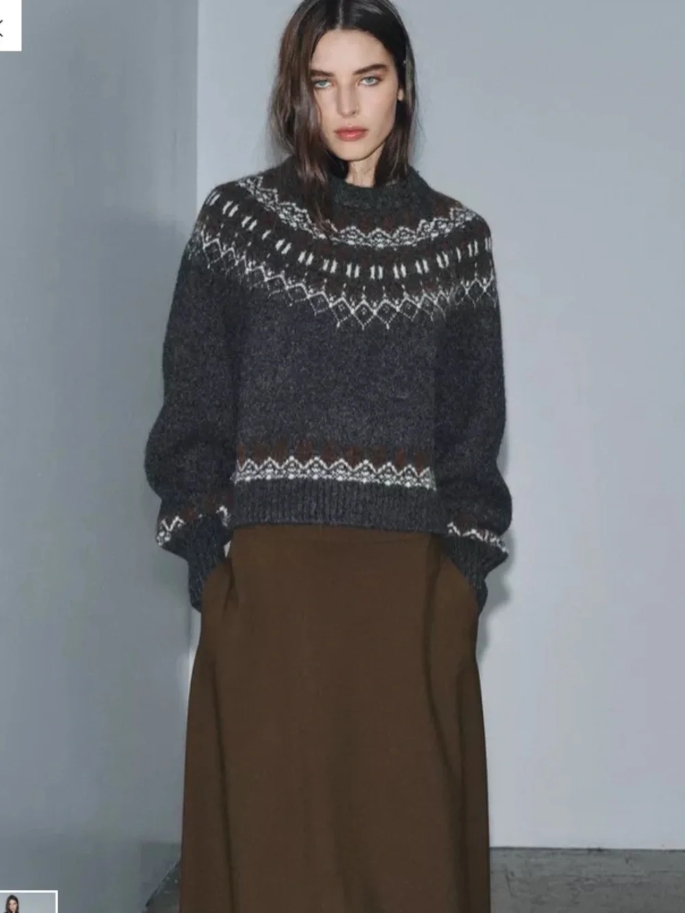 Zara Women's Fair Isle Wool Alpaca Blend Sweater Anthrcite Grey LG Cozycore - Picture 3 of 17